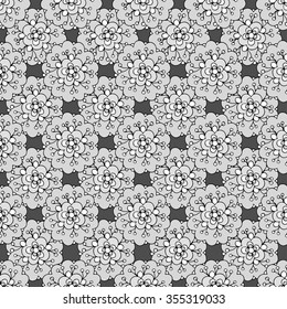 Seamless pattern with abstract flowers. Black and white hand-drawn floral background.