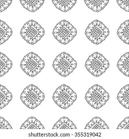 Seamless pattern with abstract flowers. Black and white hand-drawn floral background.