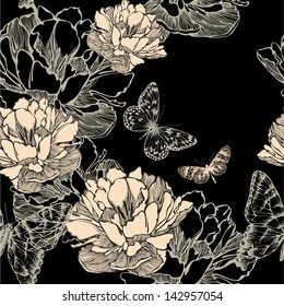 Nahtlose Muster mit abstrakten Blumen blühen und Schmetterlinge, handgezeichnet.  Vektorgrafik.