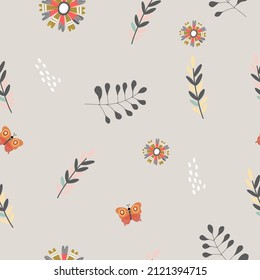 Seamless pattern with abstract flowers, branches, butterfly, on a gray background, happy easter background, digital paper, packaging.