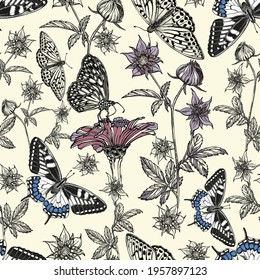 Seamless pattern with abstract flowers and butterflies on light background. Background with insects and flowers drawings. Hand drawn botanical elements. Floral seamless pattern. High detailed engraved