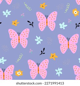 seamless pattern with abstract flowers and butterflies.Childish print for wallpaper,kids fabric,nursery interior,pastel baby shower illustration in doodle style,violet background.