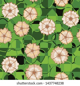 Seamless pattern of abstract flowers carnations arranged randomly on a background of leaves divided into squares.
