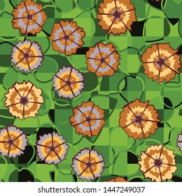 Seamless pattern of abstract flowers carnations arranged randomly on a background of leaves divided into squares.