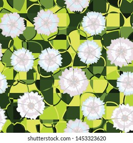 Seamless pattern of abstract flowers carnations arranged randomly on a background of leaves divided into squares.