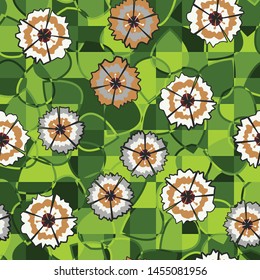 Seamless pattern of abstract flowers carnations arranged randomly on a background of leaves divided into squares.