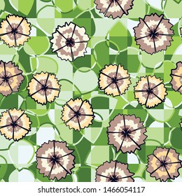 Seamless pattern of abstract flowers carnations arranged randomly on a background of leaves divided into squares.