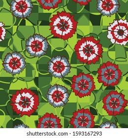 Seamless pattern of abstract flowers carnations arranged randomly on a background of leaves divided into squares.