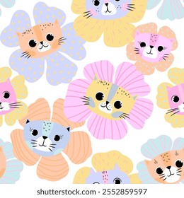 Seamless pattern with abstract flowers and cats faces, print on white background. Creative texture for fabric, wrapping, textile, wallpaper, apparel. KIds pastel Vector illustration 