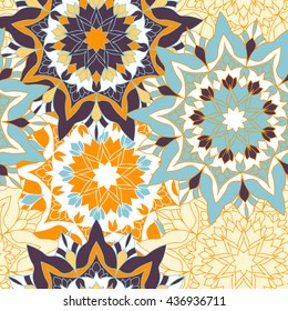Seamless pattern. Abstract flowers. Circular ethnic ornament Mandala. Handmade drawing. Oriental style, India, Arab, Islam.