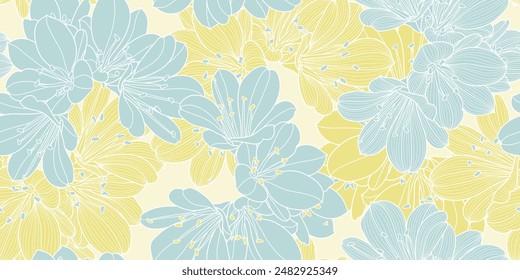 Seamless pattern with abstract flowers clivia. Romantic background template for wall decor, wallpaper, wedding invitations, ceremonies, cards. Vector illustration.