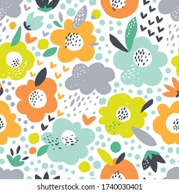 Patrón sin foco con flores, nubes y corazones abstractos.