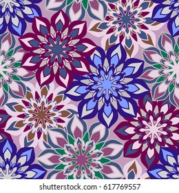 Seamless pattern with abstract flowers. Colorful textile pattern, vector. Good for fabric, wrapping paper, wallpaper, background, decor packaging and more