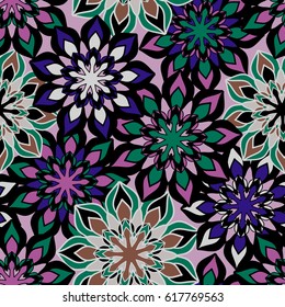 Seamless pattern with abstract flowers. Colorful textile pattern, vector. Good for fabric, wrapping paper, wallpaper, background, decor packaging and more
