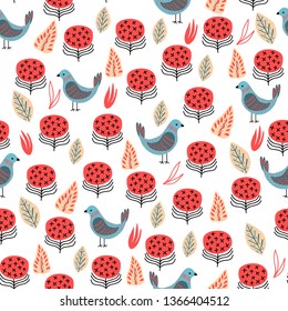 Seamless pattern, abstract flowers, coral color, white background, hand drawn, folk art style,   textile, wallpaper, vector illustration