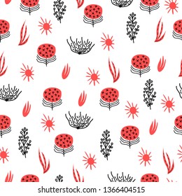 Seamless pattern, abstract flowers, coral color, white background, hand drawn, folk art style,   textile, wallpaper, vector illustration
