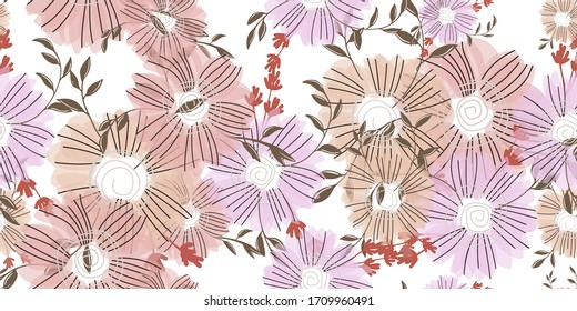 Seamless pattern with abstract flowers. Creative color floral surface design. Vector