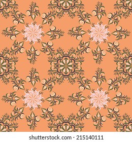 Seamless pattern with abstract flowers and curls, symmetrical, colored