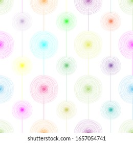 Seamless pattern with abstract flowers. Dandelions pattern. Vector illustration. Multicolored chaotic flowers. Silhouette with colorful flowers on a white background. Colorful Dandelions pattern.