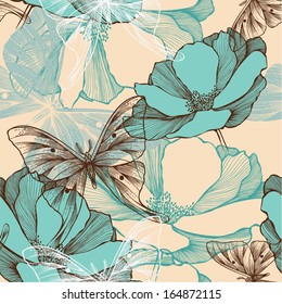 Seamless pattern with abstract flowers and decorative butterflies, hand-drawing.