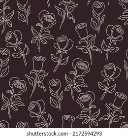 seamless pattern. Abstract flowers drawn with a white outline. sketch floral drawn in one line. doodle vector illustration isolated on black background.