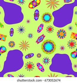 Seamless pattern with abstract flowers and elements. Items placement chaotic. Background is violet-green.