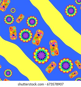 Seamless pattern with abstract flowers and elements. Items placement chaotic. Background is yellow-blue.
