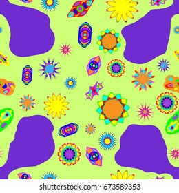 Seamless pattern with abstract flowers and elements. Items placement chaotic. Background is violet-green.