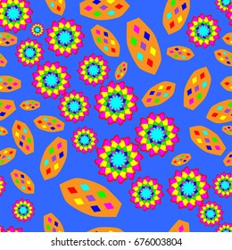 Seamless pattern with abstract flowers and elements. Items placement chaotic. Background is blue.