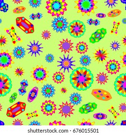 Seamless pattern with abstract flowers and elements. Items placement chaotic. Background is green.