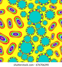 Seamless pattern with abstract flowers and elements. Items placement chaotic. Background is yellow.