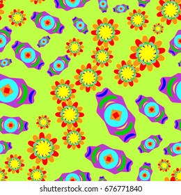 Seamless pattern with abstract flowers and elements. Items placement chaotic. Background is green.