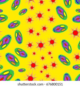 Seamless pattern with abstract flowers and elements. Items placement chaotic. Background is orange.