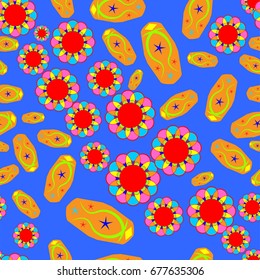 Seamless pattern with abstract flowers and elements. Items placement chaotic. Background is blue.