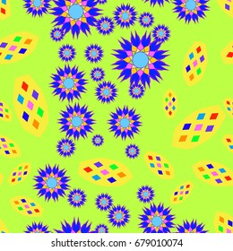 Seamless pattern with abstract flowers and elements. Items placement chaotic. Background is green.