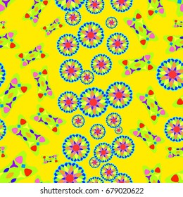 Seamless pattern with abstract flowers and elements. Items placement chaotic. Background is yellow.