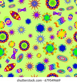 Seamless pattern with abstract flowers and elements. Items placement chaotic. Background is green