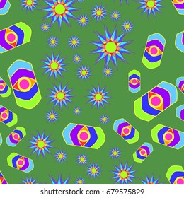 Seamless pattern with abstract flowers and elements. Items placement chaotic. Background is green