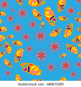 Seamless pattern with abstract flowers and elements. Items placement chaotic. Background is blue
