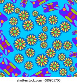 Seamless pattern with abstract flowers and elements. Items placement chaotic. Background is azure