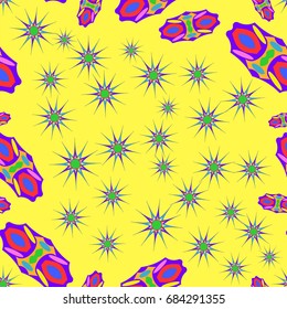 Seamless pattern with abstract flowers and elements. Items placement chaotic. Background is yellow.