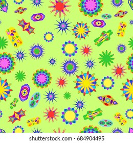 Seamless pattern with abstract flowers and elements. Items placement chaotic. Background is green.