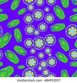 Seamless pattern with abstract flowers and elements. Items placement chaotic. Background is violet.