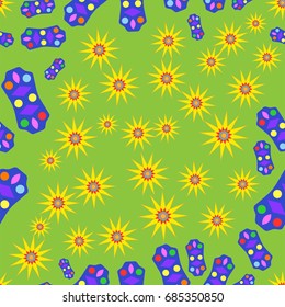 Seamless pattern with abstract flowers and elements. Items placement chaotic. Background is green.