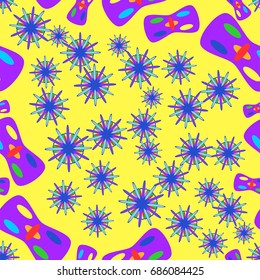 Seamless pattern with abstract flowers and elements. Items placement chaotic. Background is yellow.