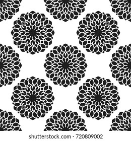 Seamless pattern with abstract flowers. Fashion textile print. Asian fabric background. Vector monochrome design. Perforation floral holes.