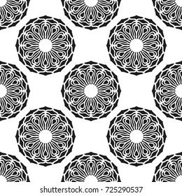 Seamless pattern with abstract flowers. Fashion textile print. Asian fabric background. Vector monochrome design. Perforation floral holes.