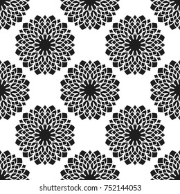 Seamless pattern with abstract flowers. Fashion textile print. Asian fabric background. Vector monochrome design. Perforation floral holes.