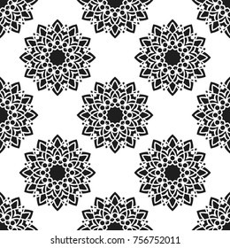 Seamless pattern with abstract flowers. Fashion textile print. Asian fabric background. Vector monochrome design. Perforation floral holes.
