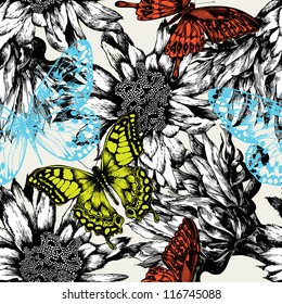 Seamless pattern with abstract flowers and flying butterflies. Vector illustration.